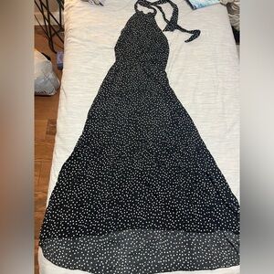 Black and white polka dot maxi halter dress.